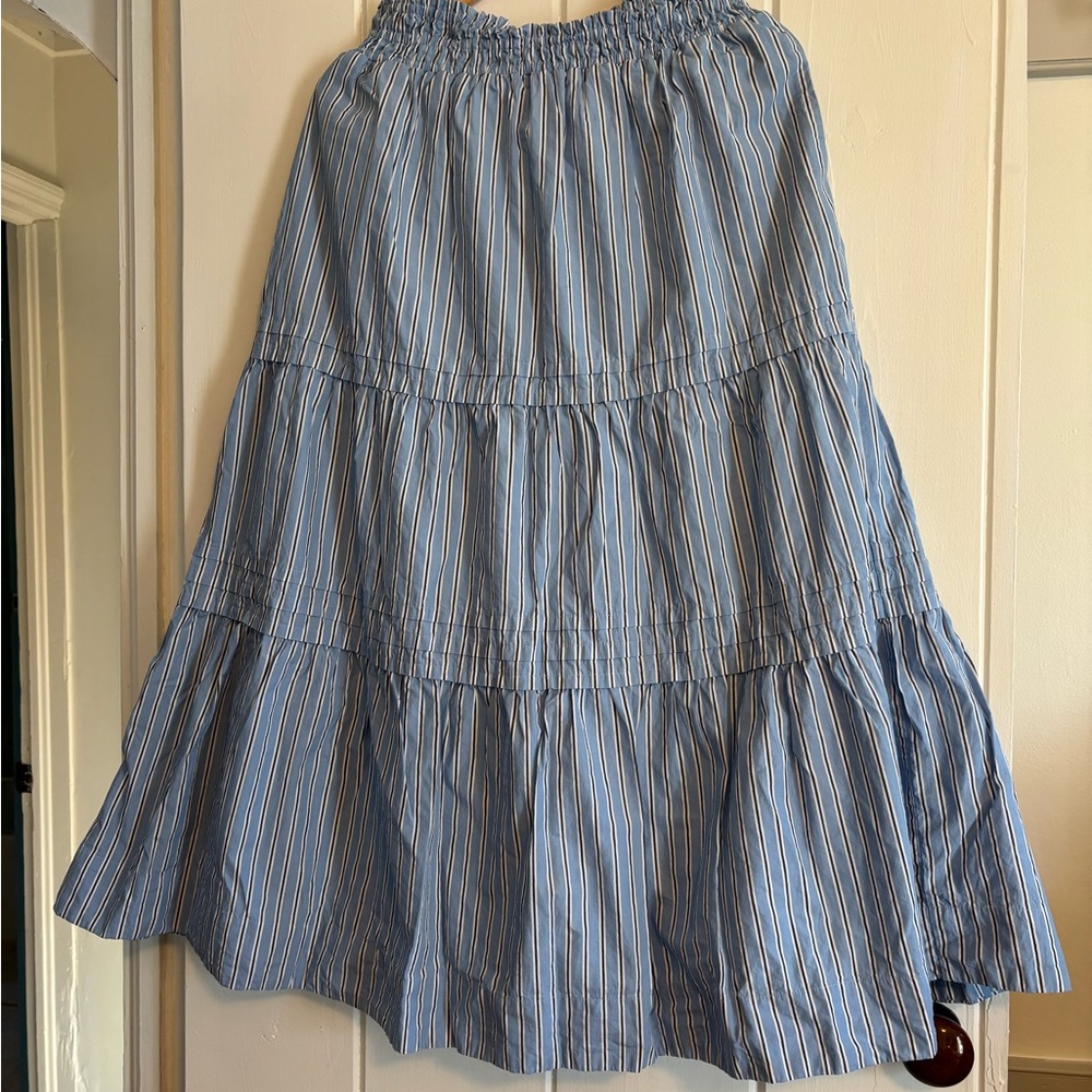 Quince Light Blue and White Striped Tiered Maxi Skirt